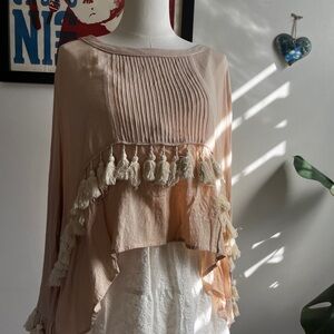 Peachy Cream Long Sleeve Blouse with Beautiful Tassels Size Small